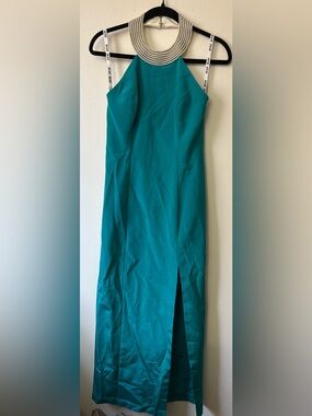 Teal Halter Neck Evening Gown with Beaded Collar Size 7/8